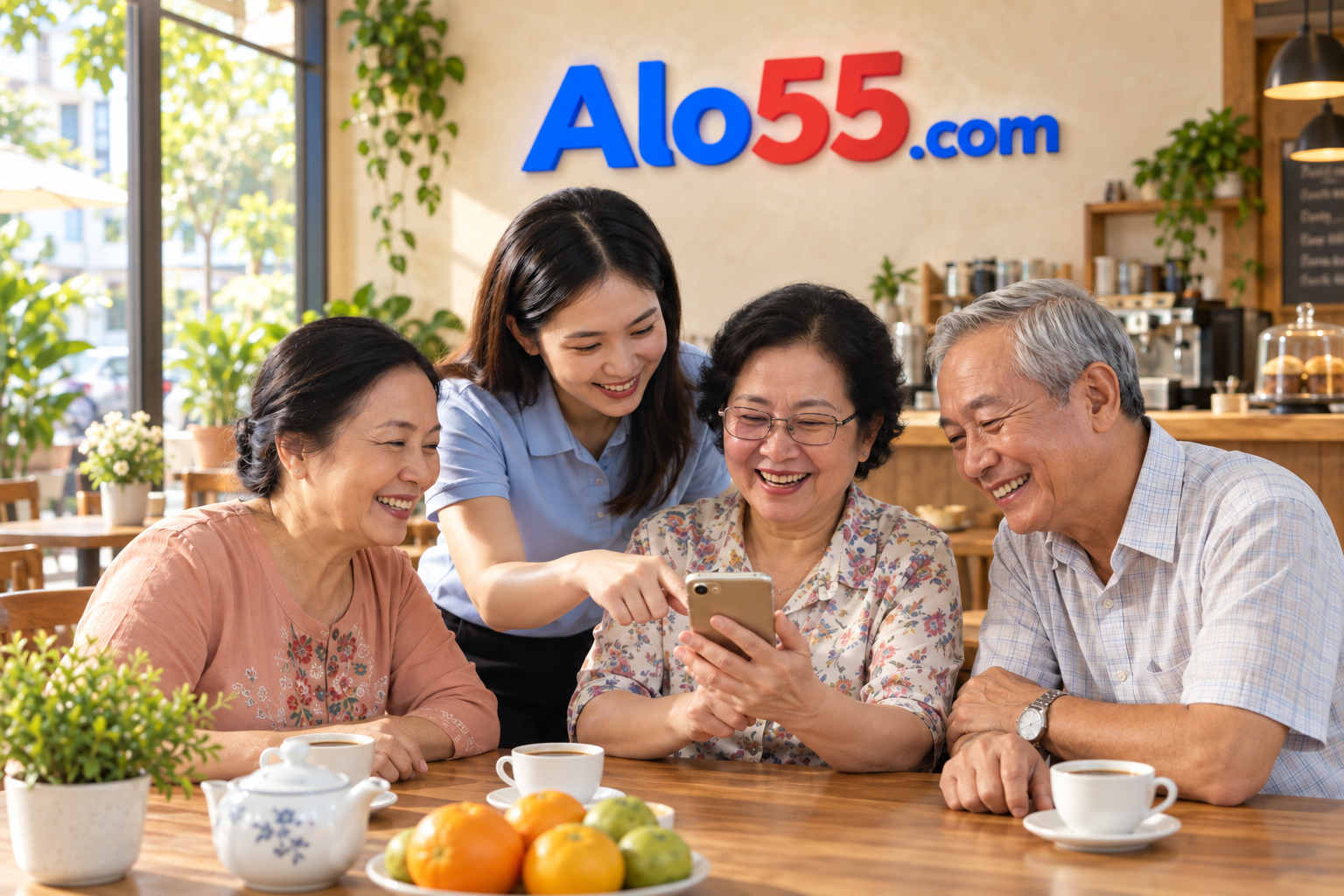 Ba cô chú và một cô hướng dẫn vui vẻ cùng xem điện thoại tại quán cà phê có logo Alo55.com